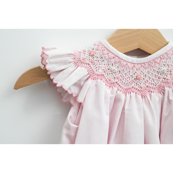 Rochiță roz cu elastic și broderie lucrate manual